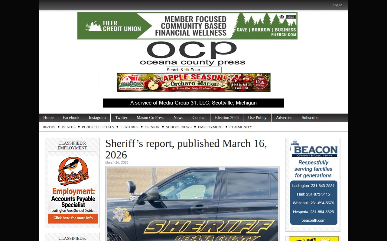 Oceana County Press sheriff report page showing multi-day local reporting
