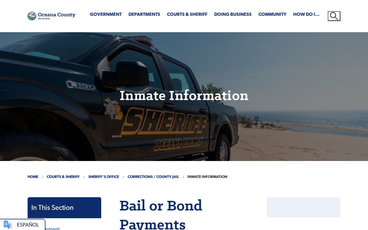 Oceana County inmate information page directing custody checks to VINE