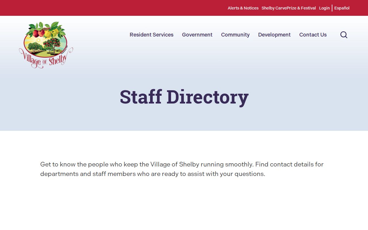 Village of Shelby staff directory with police department contact
