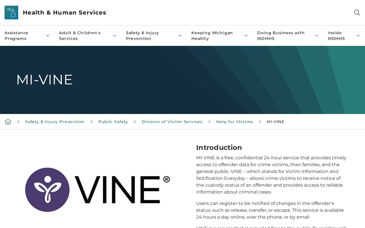 Michigan government MI-VINE information page