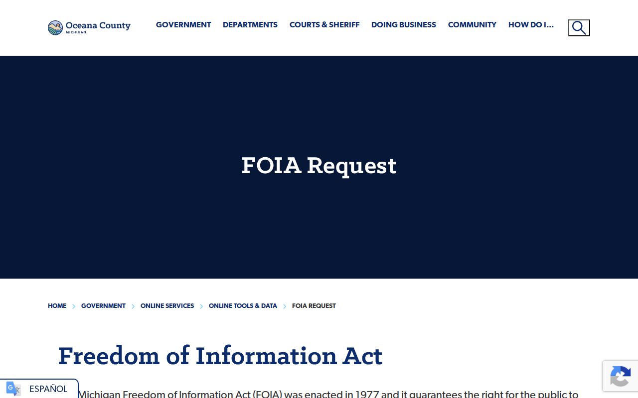 Oceana County official FOIA request webpage