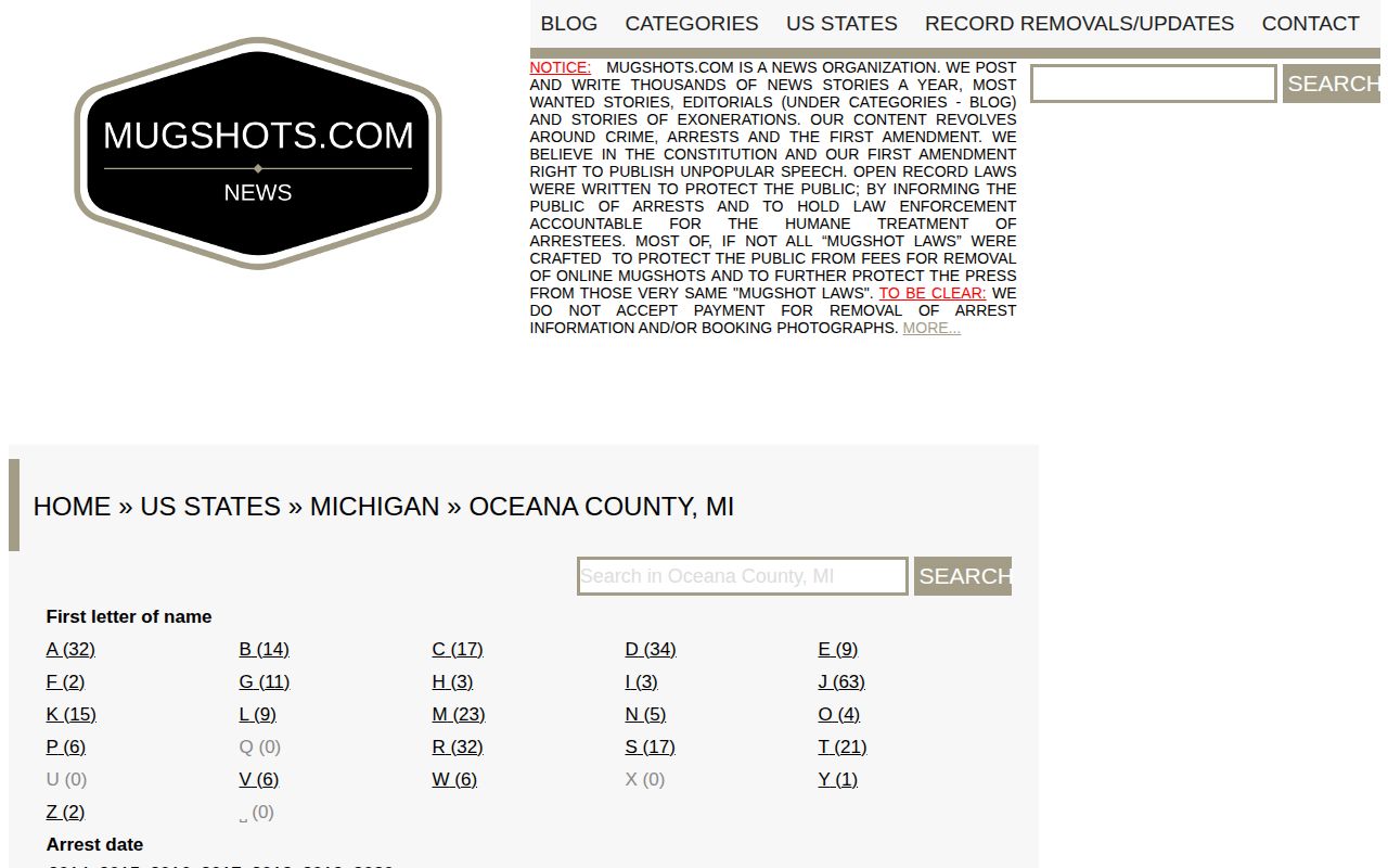 Unofficial historical Oceana County arrest index